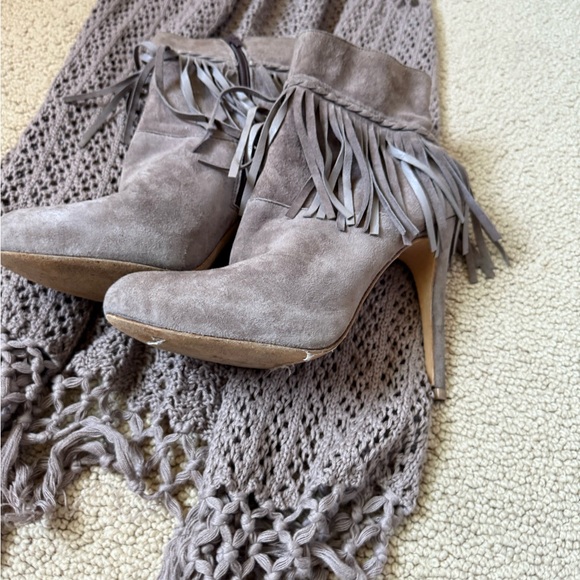 Charles David Suede Fringe Heeled Boots - Taupe - Picture 1 of 7